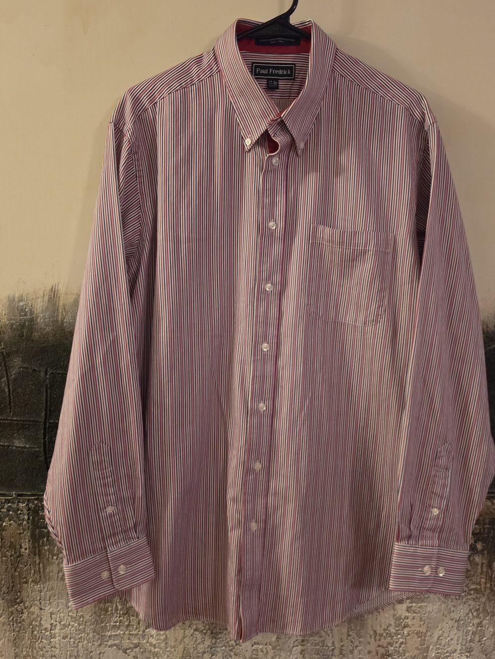 NWOT Paul Fredrick Red White Blue Striped 100% Cotton Dress Shirt 17 36 Pockets